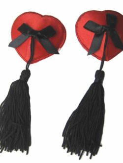 Red Satin & Black Bow Burlesque Heart Shaped Stick On Nipple Covers