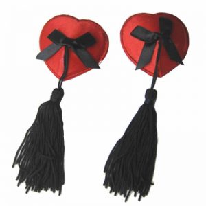 Red Satin & Black Bow Burlesque Heart Shaped Stick On Nipple Covers