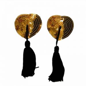 Gold Sequin Heart Nipple Pasties With Black Tassel