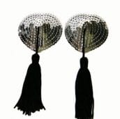 Silver Sequin Heart Nipple Pasties With Black Tassel