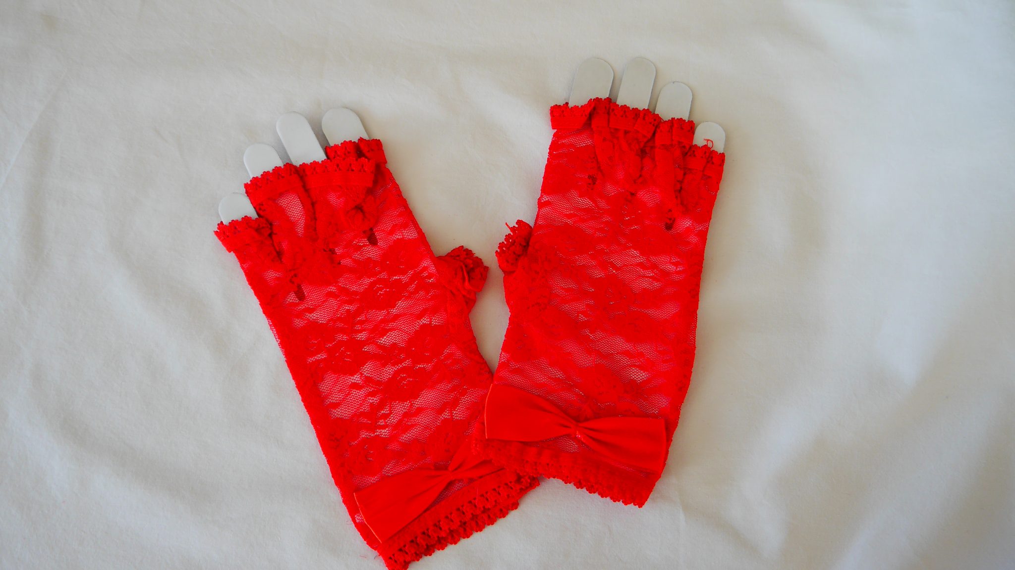 long red lace fingerless gloves