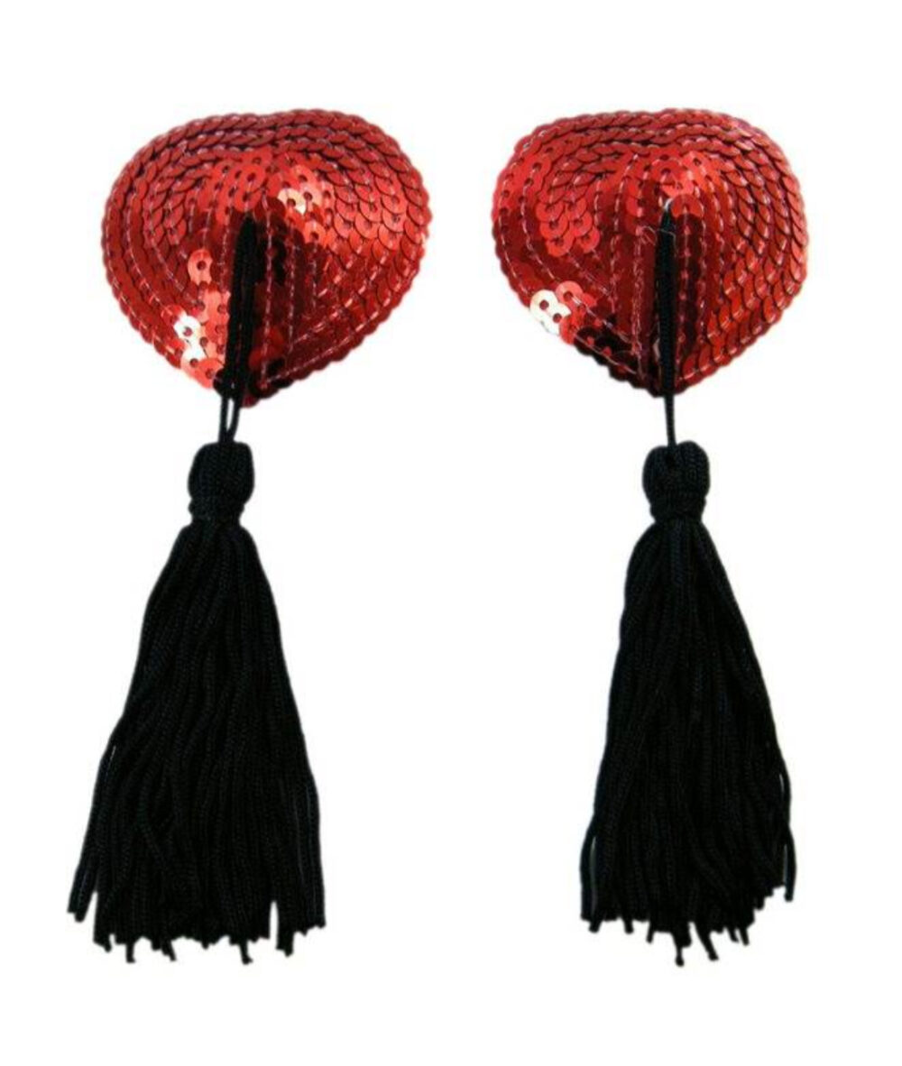 Red Sequin Nipple Pasties With Black Tassels