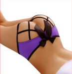 open strappy panty in purple with strapping across the hips and central black satin bow to finish.