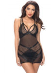 model wears a sheer black negligee with patterned side panels criss cross over bust and a thong also