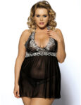 Model wears deep plunge neck black babydoll with shimmering halterneck and under bust