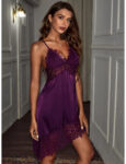purple lace chemise, model shows front view with lace trimmed cups under bust and slanted hemline
