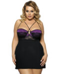 model wears a black lingerie with purple cups and criss cross tie neck and spaghetti shoulder straps